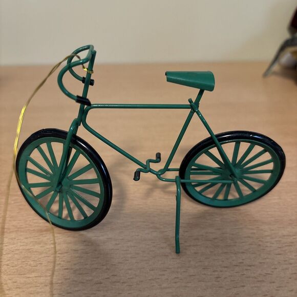 Christmas Ornament Green Metal Bicycle 4" x 5-1/2" Rider Cyclist Preowned - Picture 2 of 5